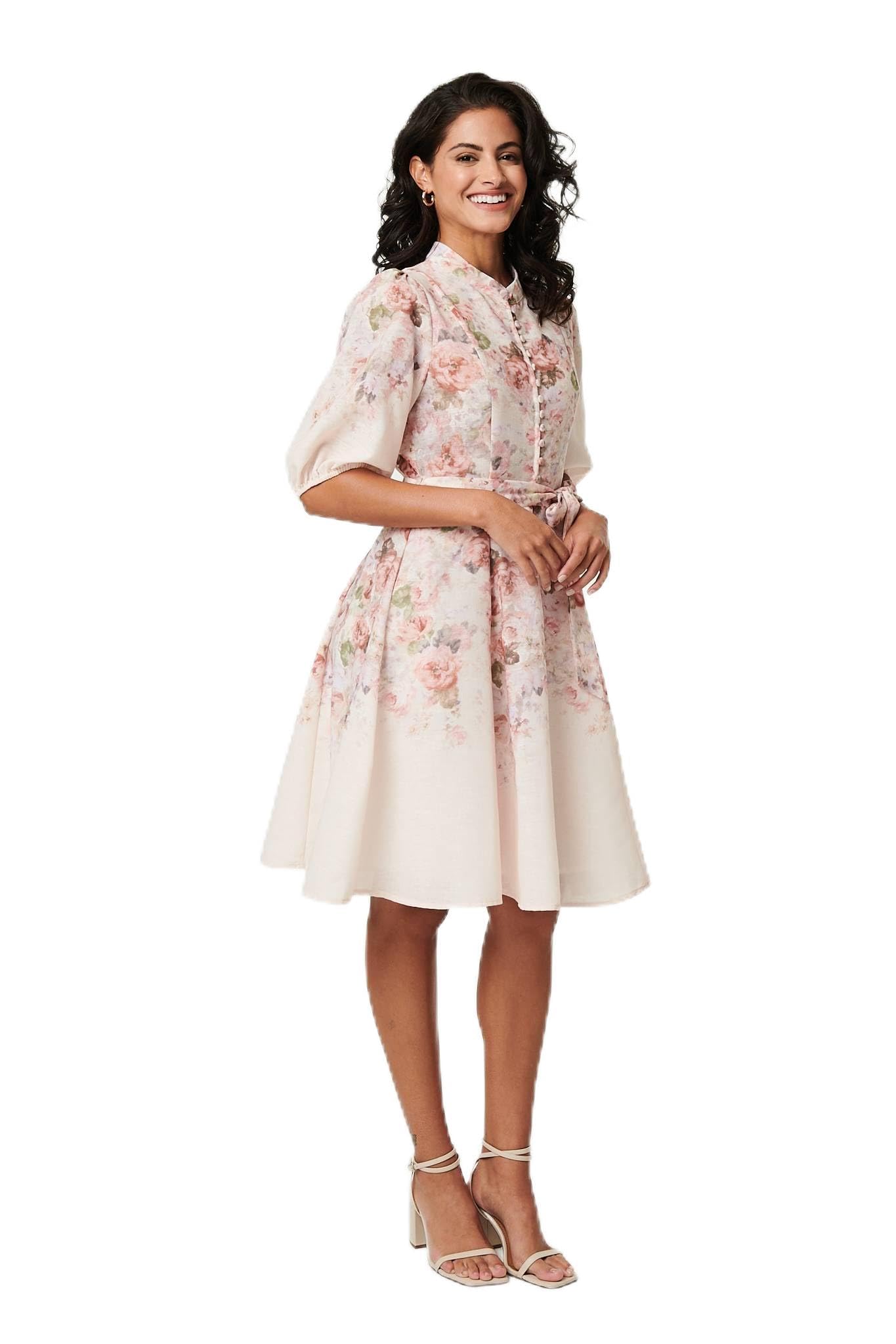Izabel London Women's White Floral Puff Sleeve Knee Length Dress In Size 12