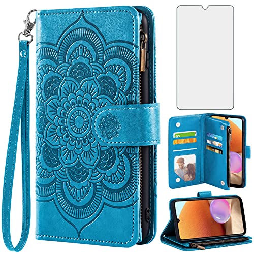 Protection Galaxy A32 4G Asuwish étui portefeuille bleu et verre trempé anti-rayures