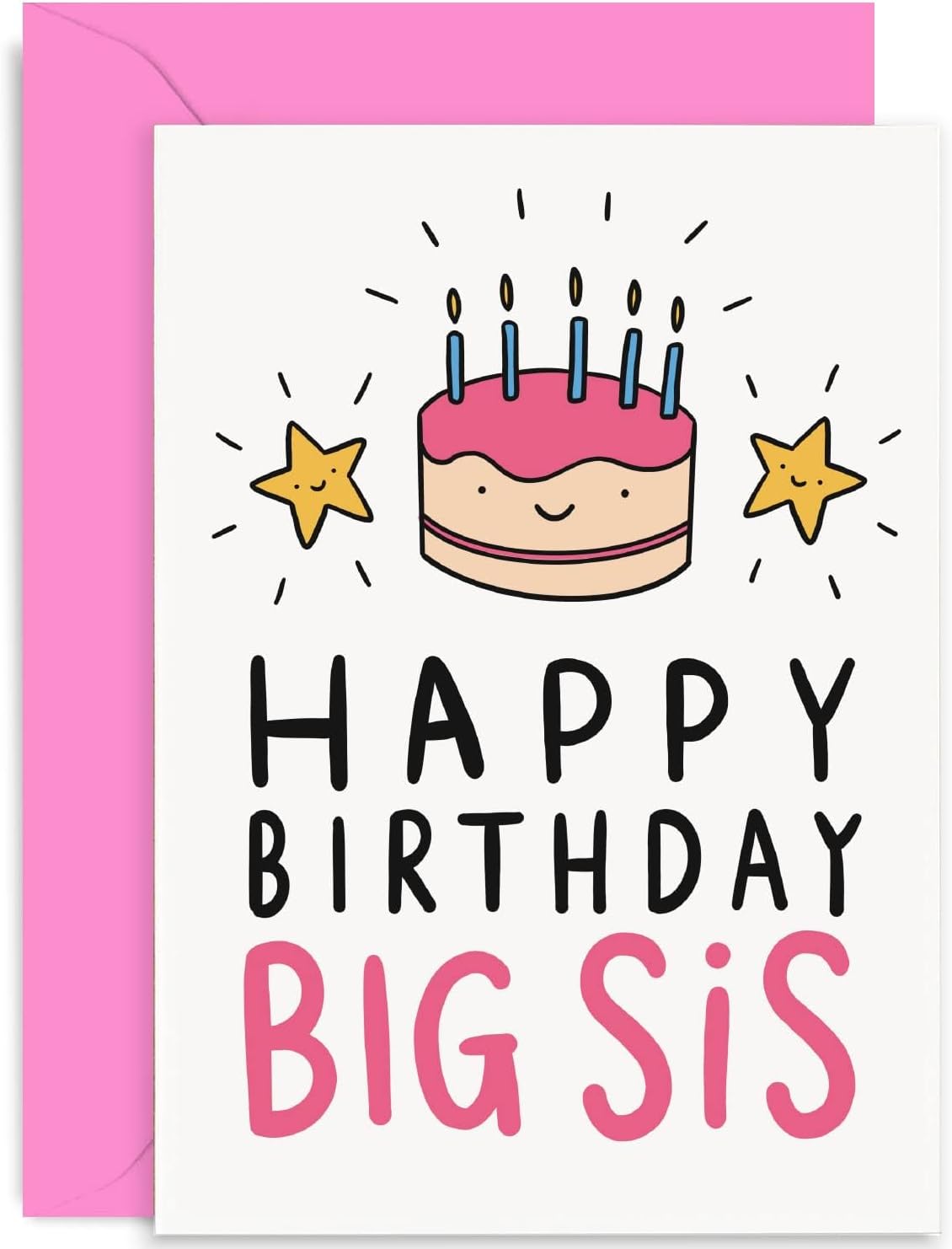 Old English Co. Happy Birthday Card for Big Sister - Cute Birthday Cake Greeting Card for Sis from Little Brother, Sibling - Pink Cake and Candle Birthday Card for Her | Blank Inside with Envelope
