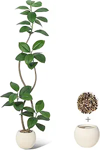 6FT Artificial Plant Rubber Tree with Off White Sphere Resin Planter & Stone Faux Fiddle Leaf Fig Tree Indoor Artificial Tree Tall Plant Fake Tree Tropical Large Floor Tree Real Touch for Home Decor