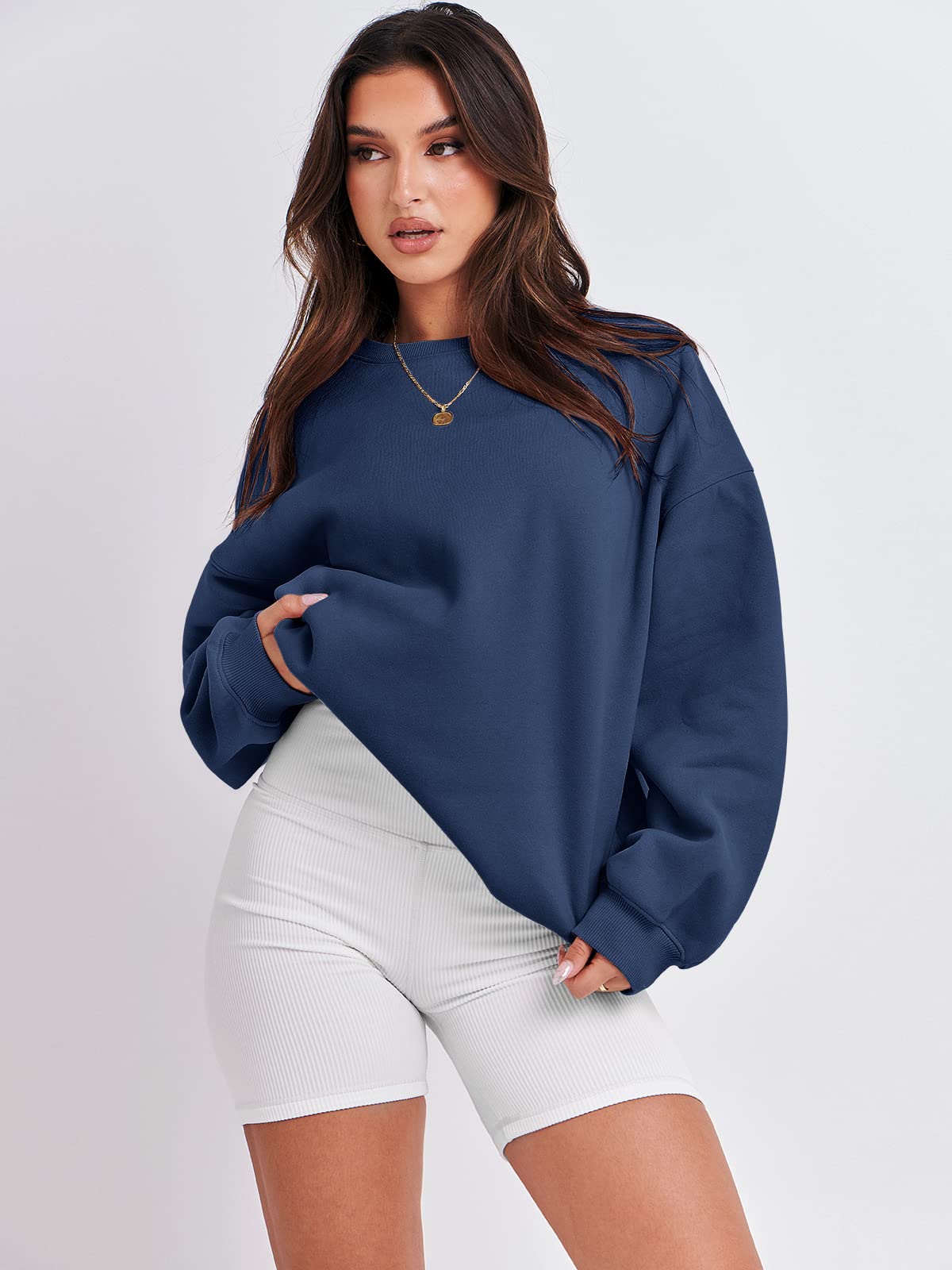 Damskie bluzy oversize bluzy z kapturem polar okrągły dekolt sweter top codzienne jesienne stroje preppy ubrania nastolatki 2024 A1019 światło, Jeden kolor, Navy Blue_XL