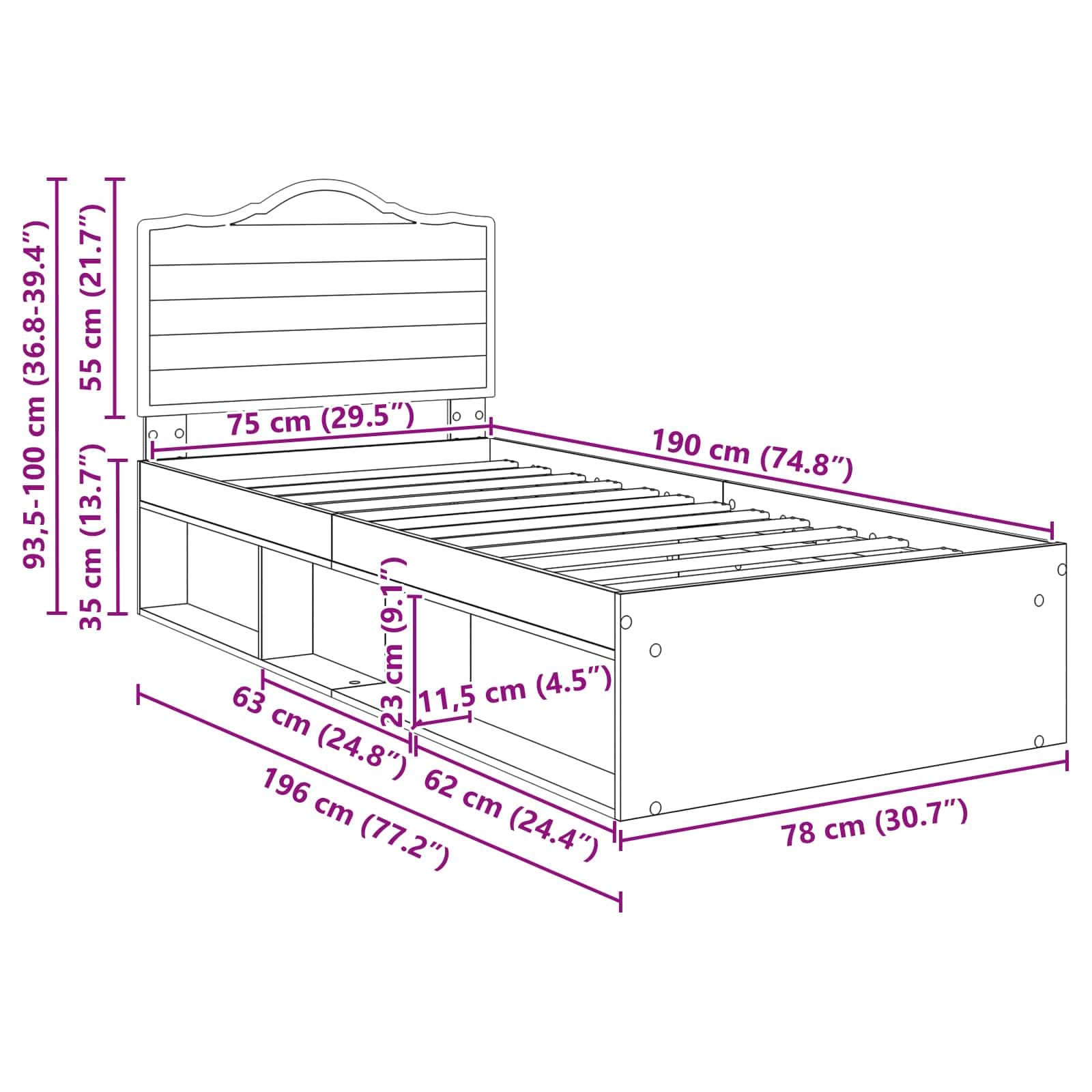 vidaXL Estructura de Cama con cabecera Gris concreto 75 x 190 cm