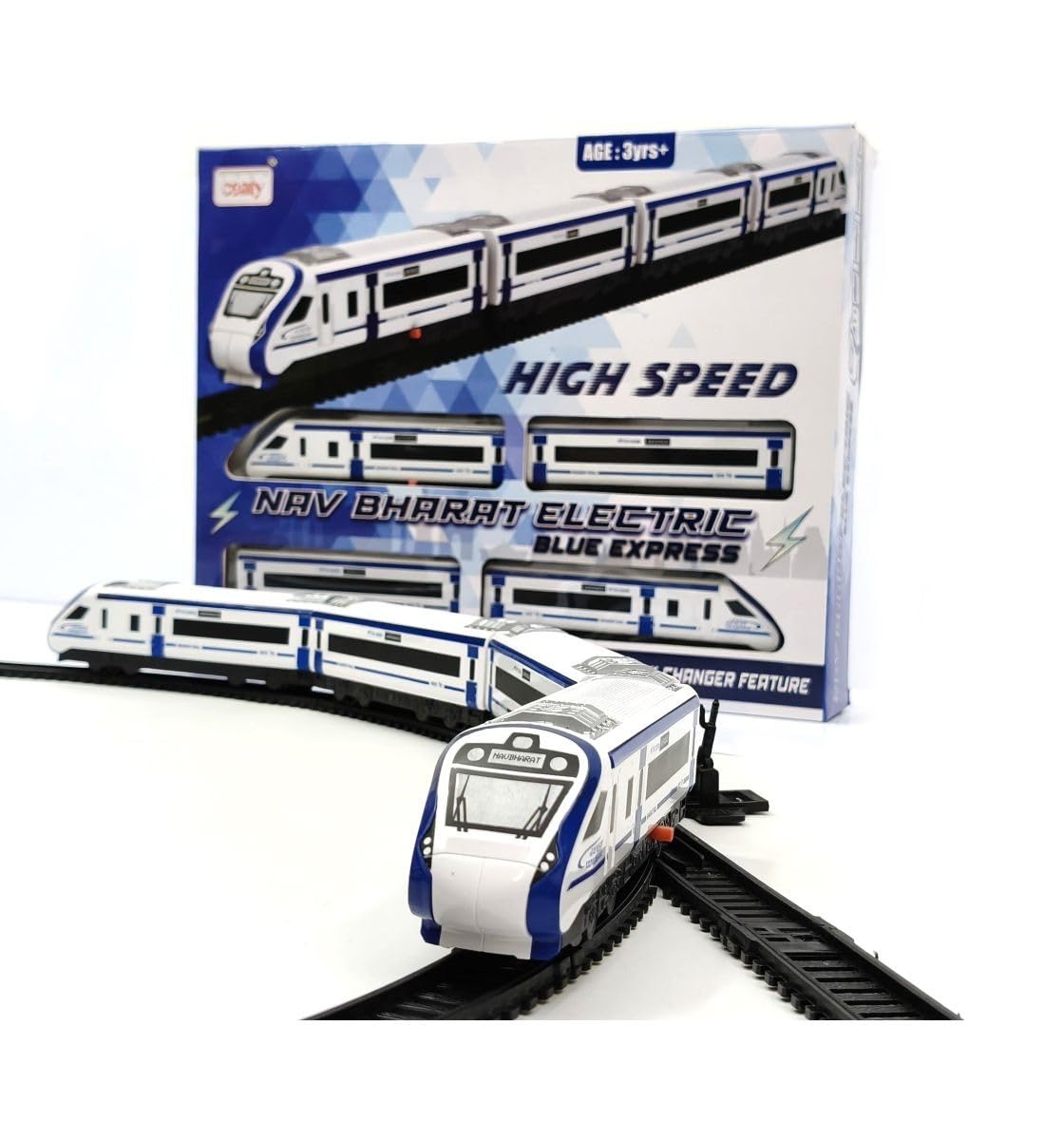 Centy Nav Bharat Electric Blue Express Bullet Train Set, Battery Operated Electric Locomotive Toy with Interlocking Tracks & Coaches, Track Changer Feature Toy Train Set for Kids 3+ Years 1