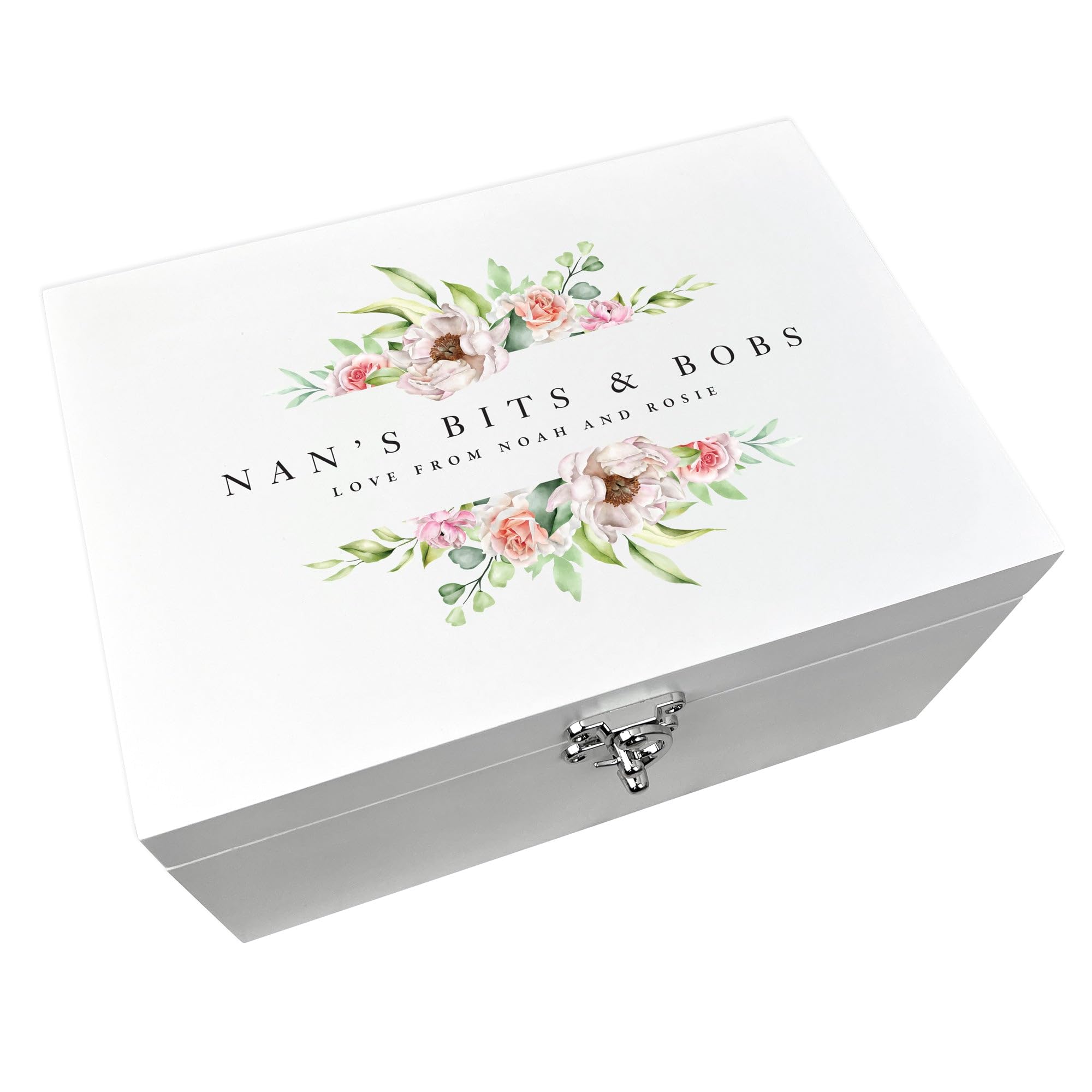 Personalised "Any Message" Pink Florals White Wooden Keepsake Box | Mother's Day, Anniversary, For Her | 27 x 19 x 14cm