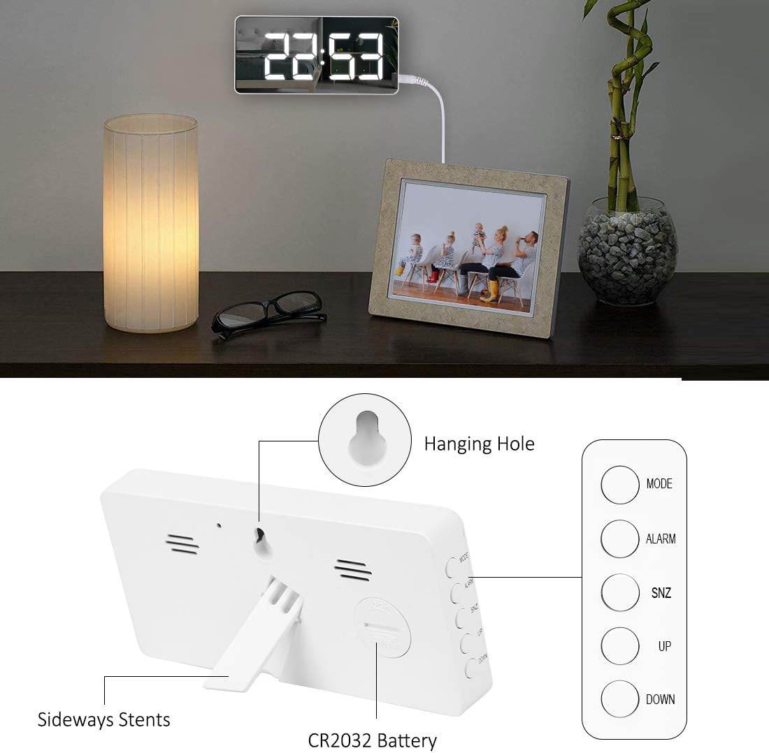 WulaWindy Digital Alarm Clock Large Mirrored LED Clock Snooze Function Dimming Mode Beside Clock for Bedroom Decor (Creamy White) (A-White) (Black) (C-White)