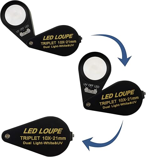 Miniatura 6 de 10 lupas para joyería, lupa LED UV de 0.827 in, lente de triplete, cristal óptico, herramienta de aumento de gemas de bolsillo, joyero, sello