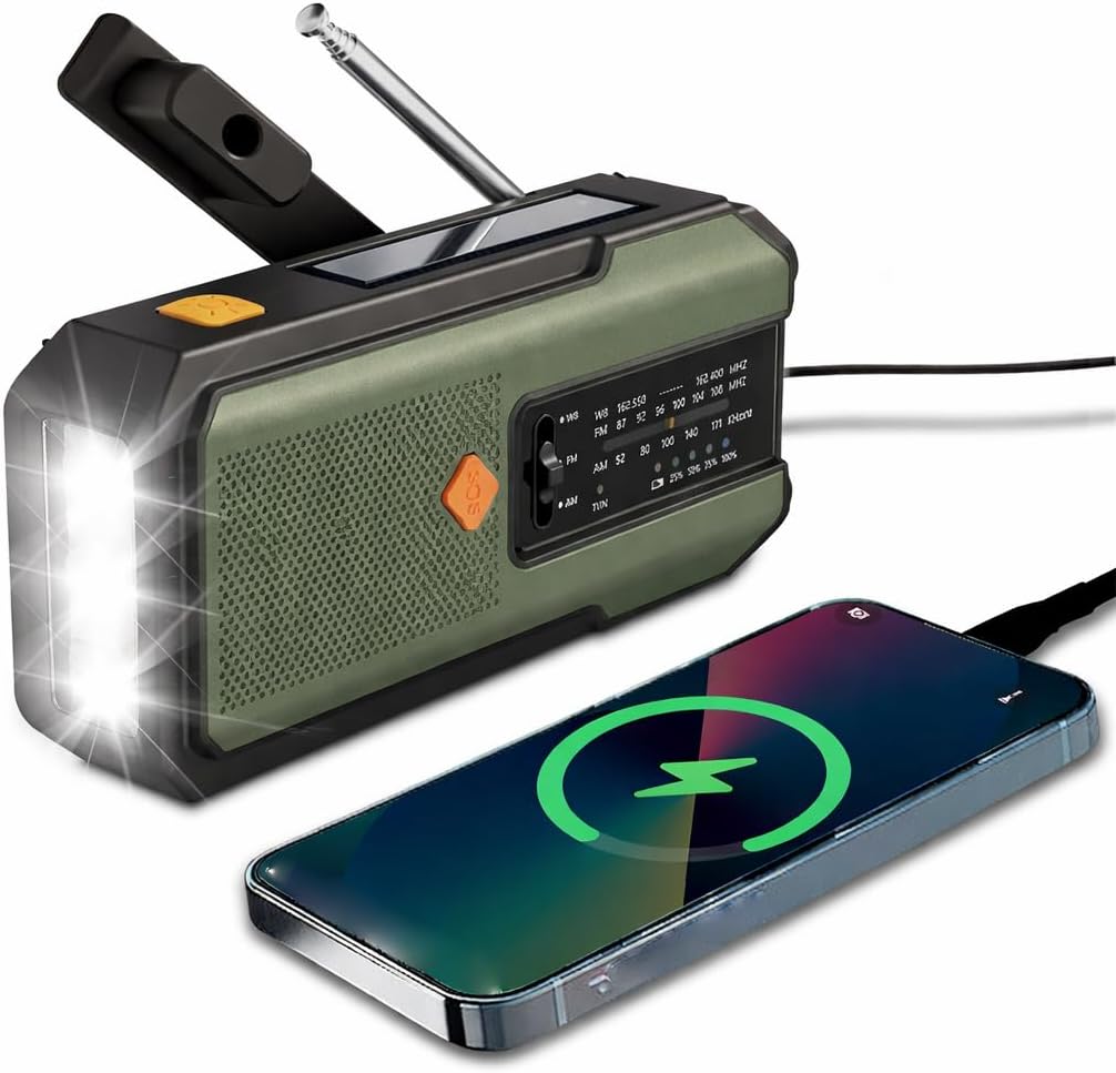 Solar Hand Crank Emergency Weather Radio, 2000mAh Power Bank, USB Charging, SOS Alarm, AM/FM & LED Flashlight, Portable Survival Radio for Hurricane, Camping, Power Outage Emergency Kit (Green)