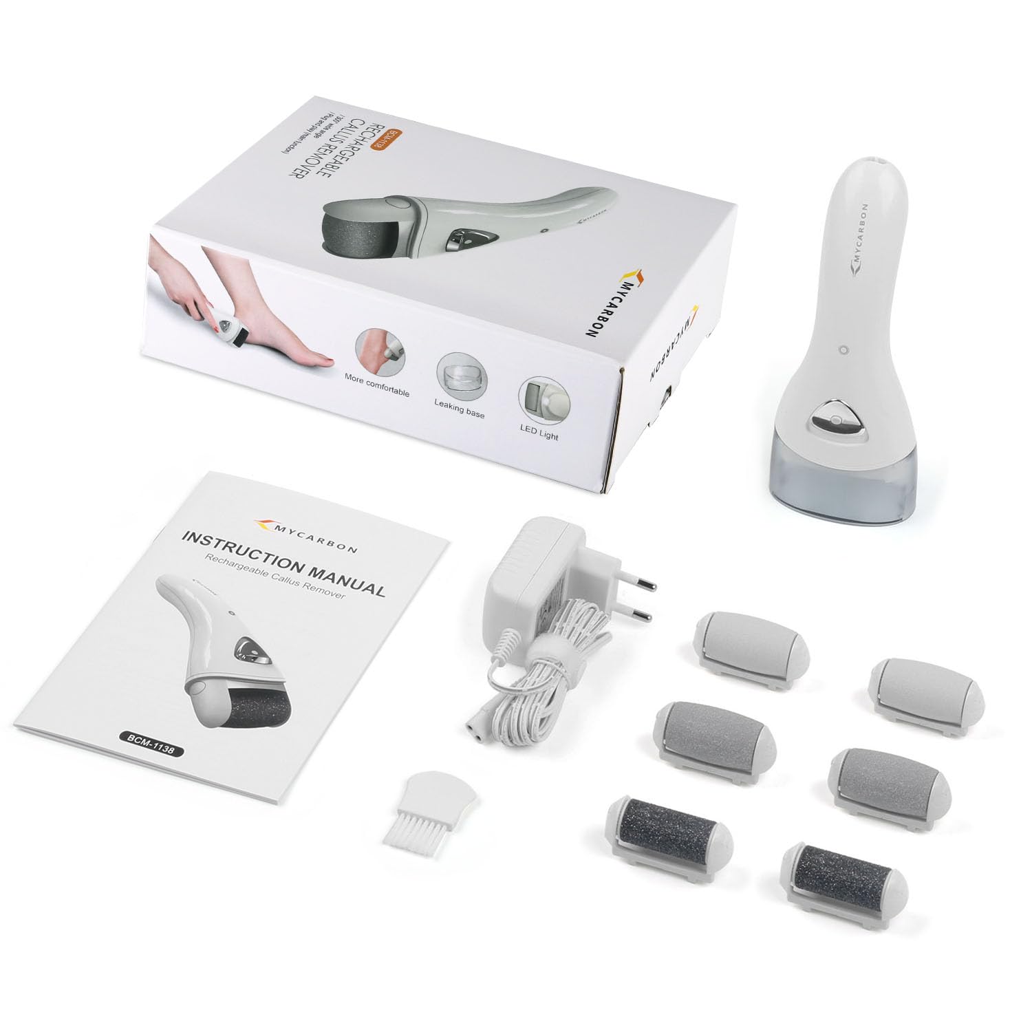 Lima elétrica de pies MYCARBON, Recargable Aparato de Pedicura Profesional, Eliminar las Durezas y las Callosidades, con Recambios (Blanco)