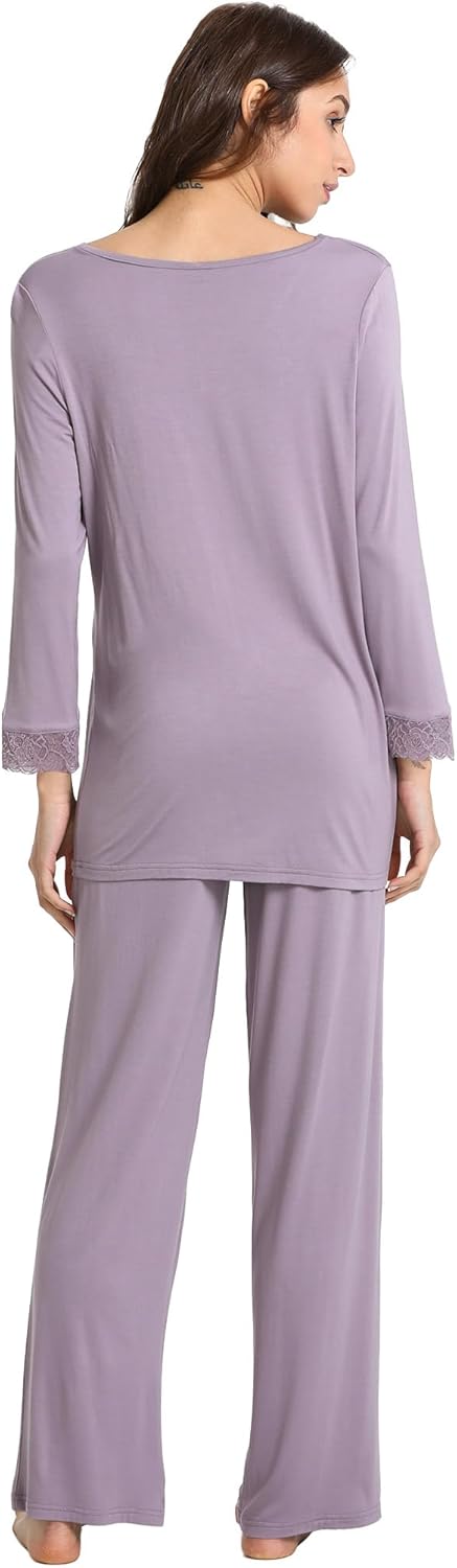 GYS Women's Pajama Sets Viscose from Bamboo Lace Trim Long Sleeve Sleepwear Soft Pjs Lounge Sets with Pockets - Image 2