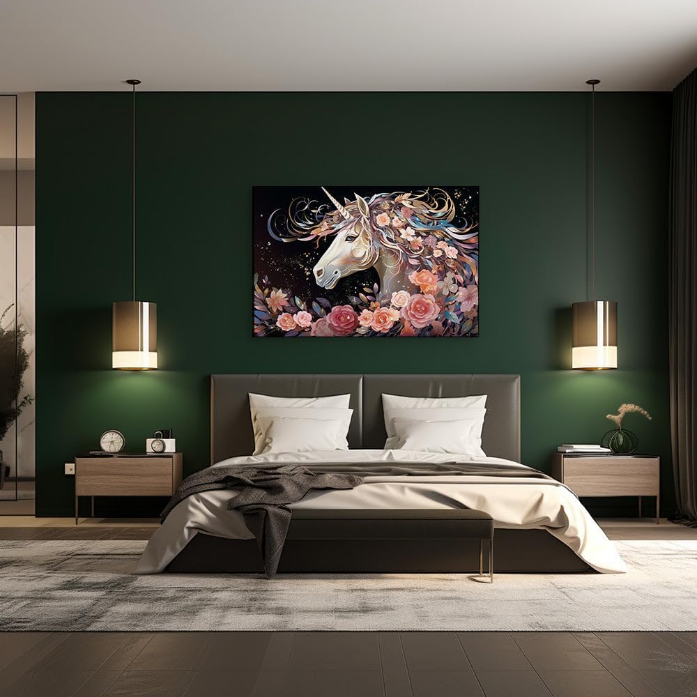 Canvas for Living room. Mystical Majesty: A Golden-Maned Unicorn Amidst a Garden of Roses and Stars, 27 x 18 inch Canvas Wall Art - Ready to Hang