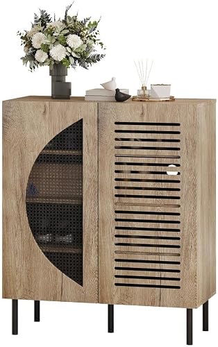 Shoe cabinet, wooden shoe storage cabinet, 5-layer freestanding shoe rack, with unique semi-circular breathable rattan door (Original wood)