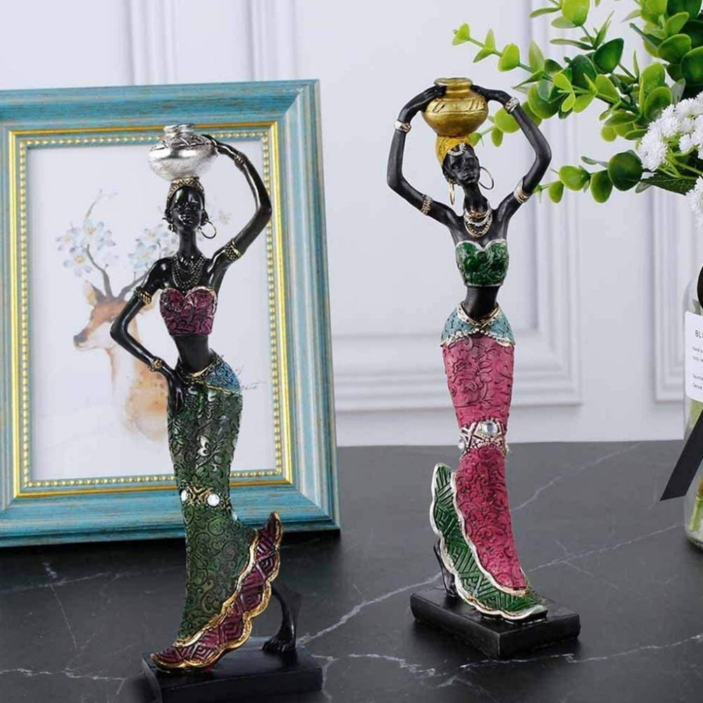 WINOMO 2 Stück Afrikanische Dame Skulptur Stammes Dame Figur Statuen Harz Handwerk Sammlung Statue Vintage Desktop-Ornamente