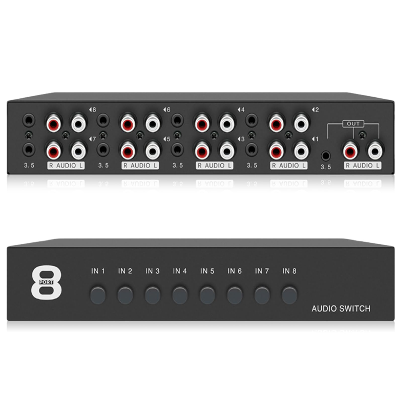 Interruttore audio 8 in 1 Out, interruttore audio passivo, 3,5 mm, AUX + RCA L/R, commutatore audio bidirezionale, splitter video per cuffie, fono, altoparlante, sistema audio