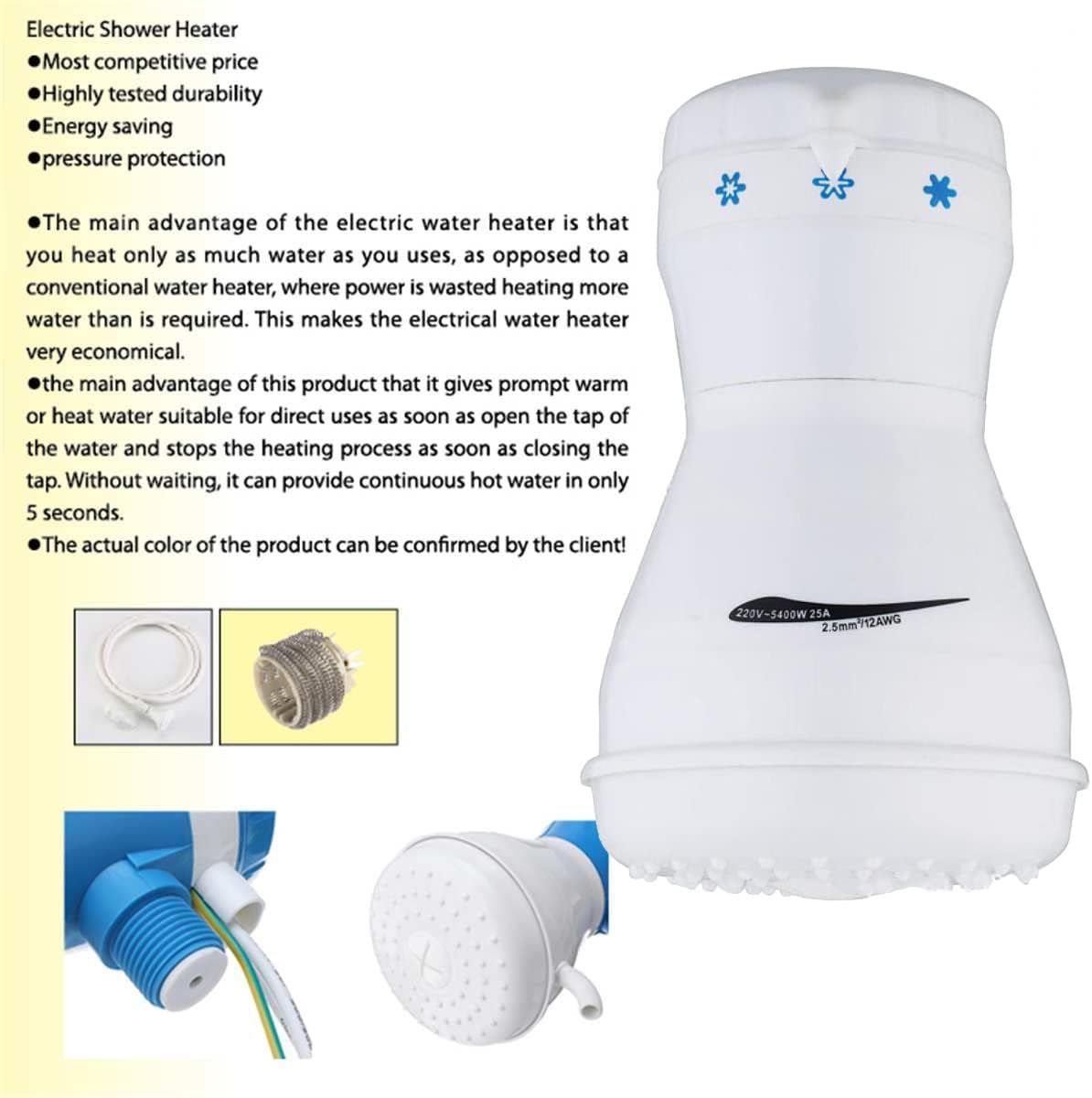 Instant Water Heater 5400W 110V Electric Shower Heater Instant Hot Faucet Bathroom Water Heating Instantaneous Water Heater (White)