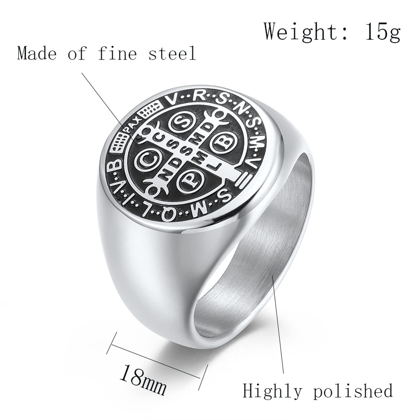 Anello da Uomo con Medaglione Dell'esorcismo di San Benedetto, Anello Cattolico con Croce Dell'esorcismo in Acciaio Inossidabile,Argento,10