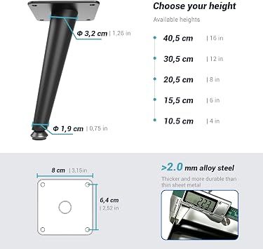 Black Furniture Legs 40.5 cm, Metal Legs for Furniture Set of 4