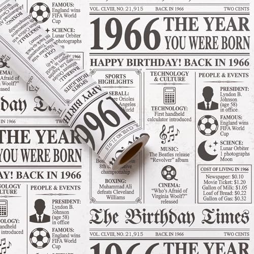 RUSPEPA 60th Vintage Birthday Newspaper Wrapping Paper Roll Mini Roll Vintage 1966 The Year You Were Born Retro Newspaper White Kraft Gift Wrap for Adult Milestone Birthday 17 Inches x 16.4 Feet