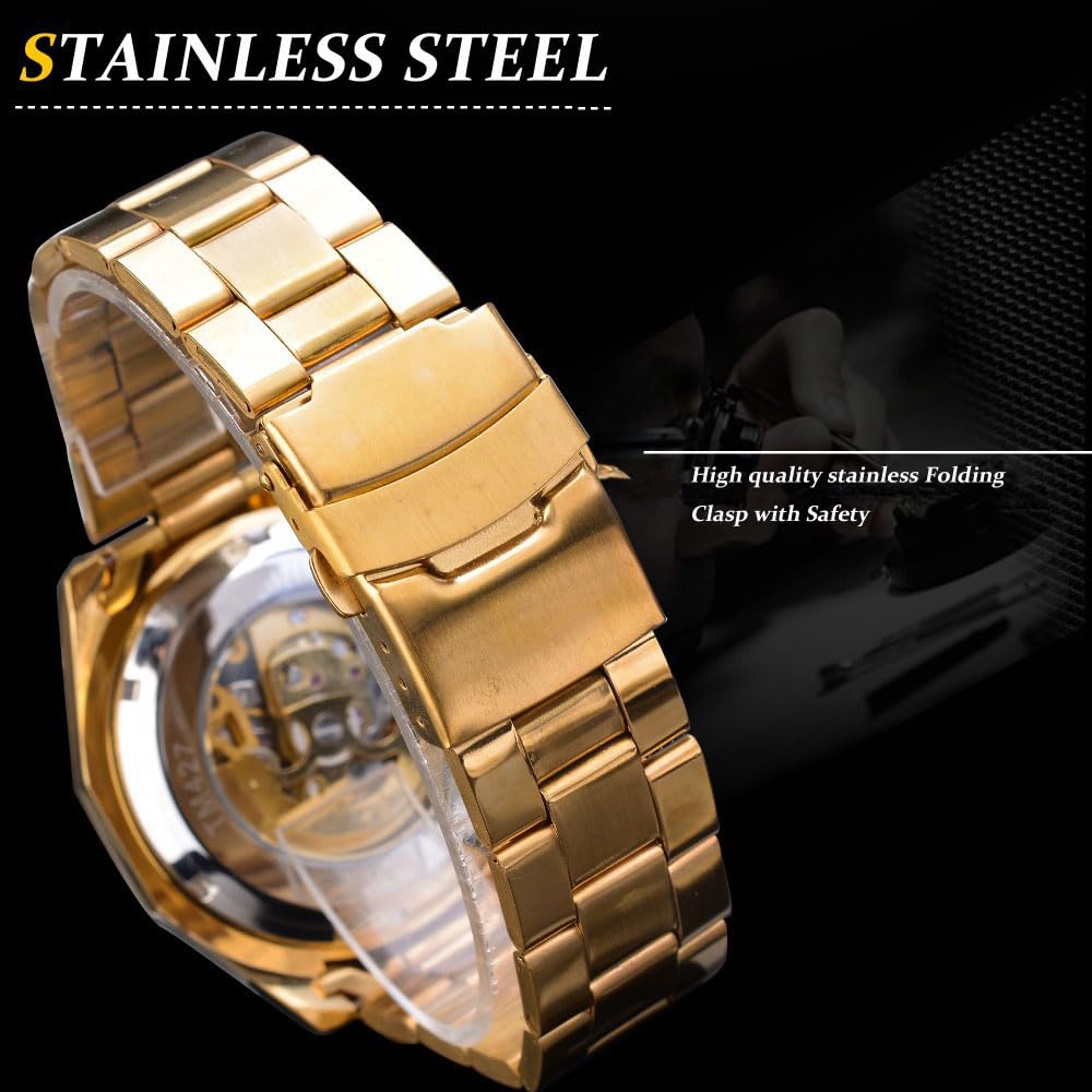 Reloj Esqueleto Dorado con Diamantes Hombre, Reloj Mecánico De Cuerda Manual con Correa De Acero Inoxidable, Relojes Automáticos Hombre, Relojes Luminosos Deportivos Y De Negocios