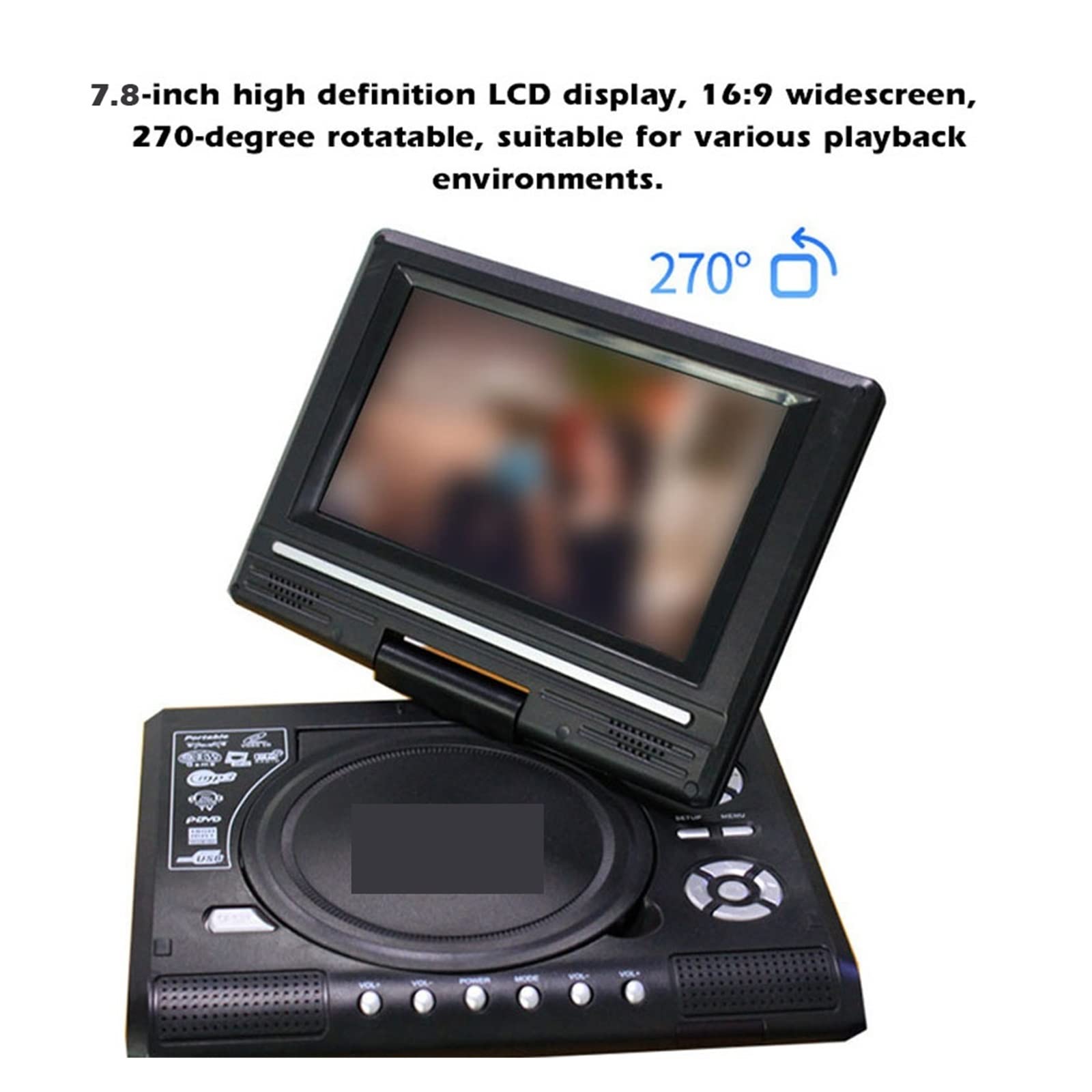 7,8 pollici 16: 9 Widescreen 270 ° schermo LCD ruotabile Home Car TV Lettore DVD VCD portatile MP3 Viewer con funzione di gioco per auto e bambini