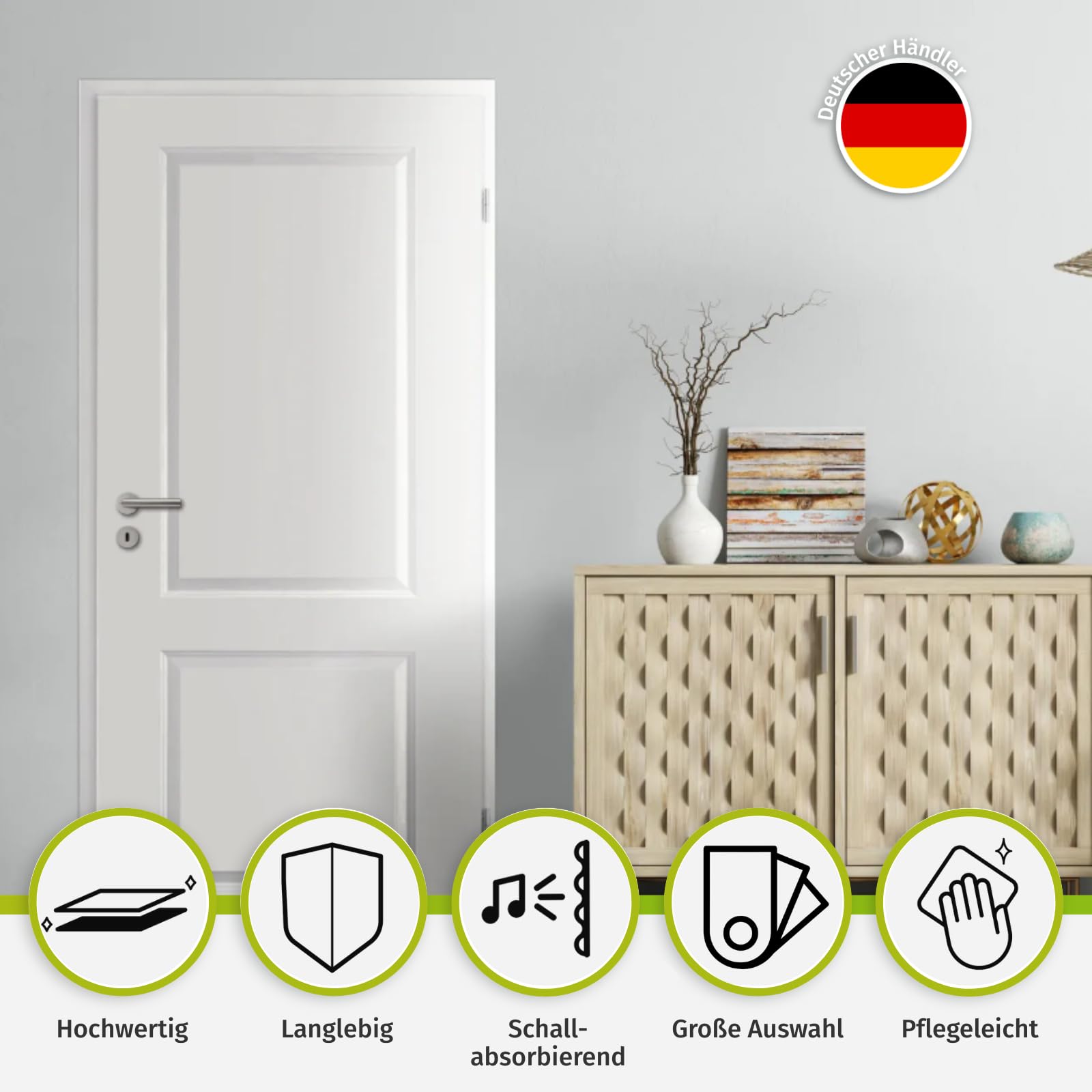 HORI Zimmertür Komplettset I Signalweiß I Zarge und Türdrücker I Röhrenspanmittellage I ohne Lichtausschnitt I DIN Links I Breite: 860 I Wandstärke: I Schloss: Buntbartschloss