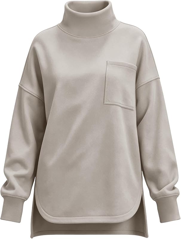 SdGgsgv Womens Mock Neck Sweatshirt Oversized Fleece – Curved Hem & Side Slits