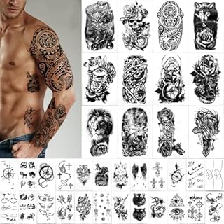 Yazhiji 36 Sheets Temporary Tattoos Stickers, 12 Sheets Fake Body Arm Chest Shoulder Tattoos for Men or Women with 24 Sheets Tiny Black Temporary Tattoos.