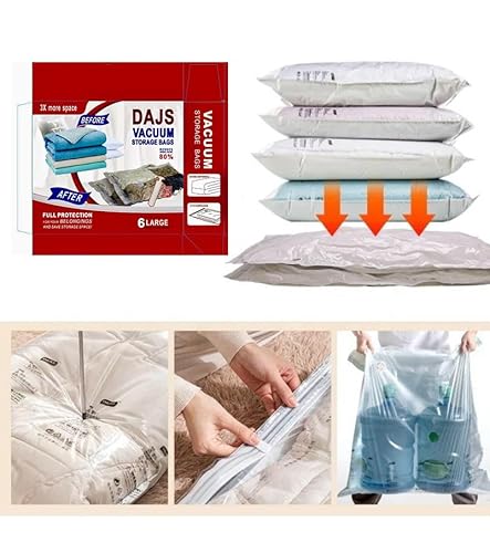 Vacuum Storage Bags - 6 Pack Large Size (80 x 60cm). Compressed Reusable Storage Bags with Zip & Pump for Bedding, Double Duvet, Pillows, Quilt, Clothes, Dress, Coats, Curtains, Blankets, ect.