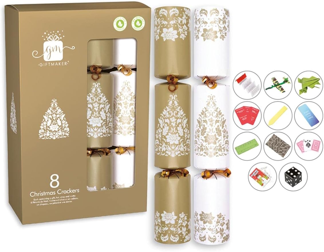 Pack 8 Giftmaker Cream & Gold Xmas Tree Design Christmas Crackers Eco
