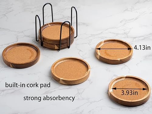 Miniatura 5 de Posavasos para bebidas absorbentes con soporte, posavasos de corcho de madera de acacia para mesa de café, posavasos de mesa de madera para