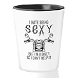 Bubble Hugs Biker Shot Glass 1.5oz White - I Hate Being Sexy but I'm a Biker - Motorcycle Motorbike Rider Funny Adult Humor