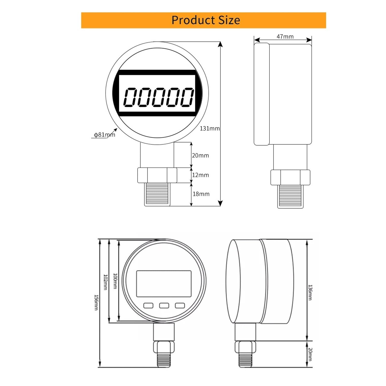 Manómetro digital, QD-SD-80 0-600bar 80 mm Manómetro de presión de aire y agua Acero inoxidable 304(-1-0 bar)