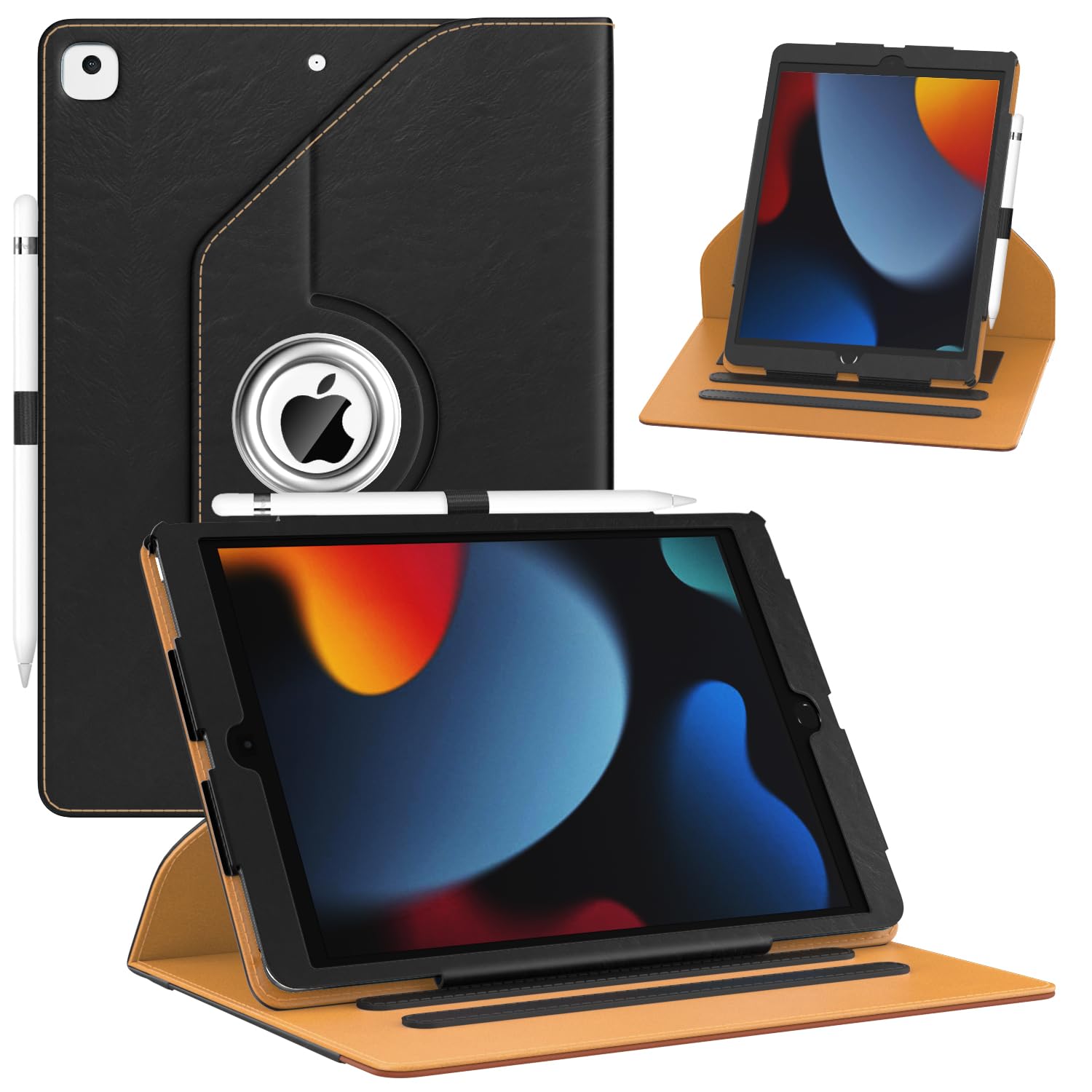 for New iPad 9th/ 8th/ 7th Generation Case, iPad 10.2 Case, 360 Degree Rotating Multi-Angle Viewing Stand, Leather Cover with Pencil Holder for iPad 10.2 inch 2021/2020/ 2019 - Black/Brown