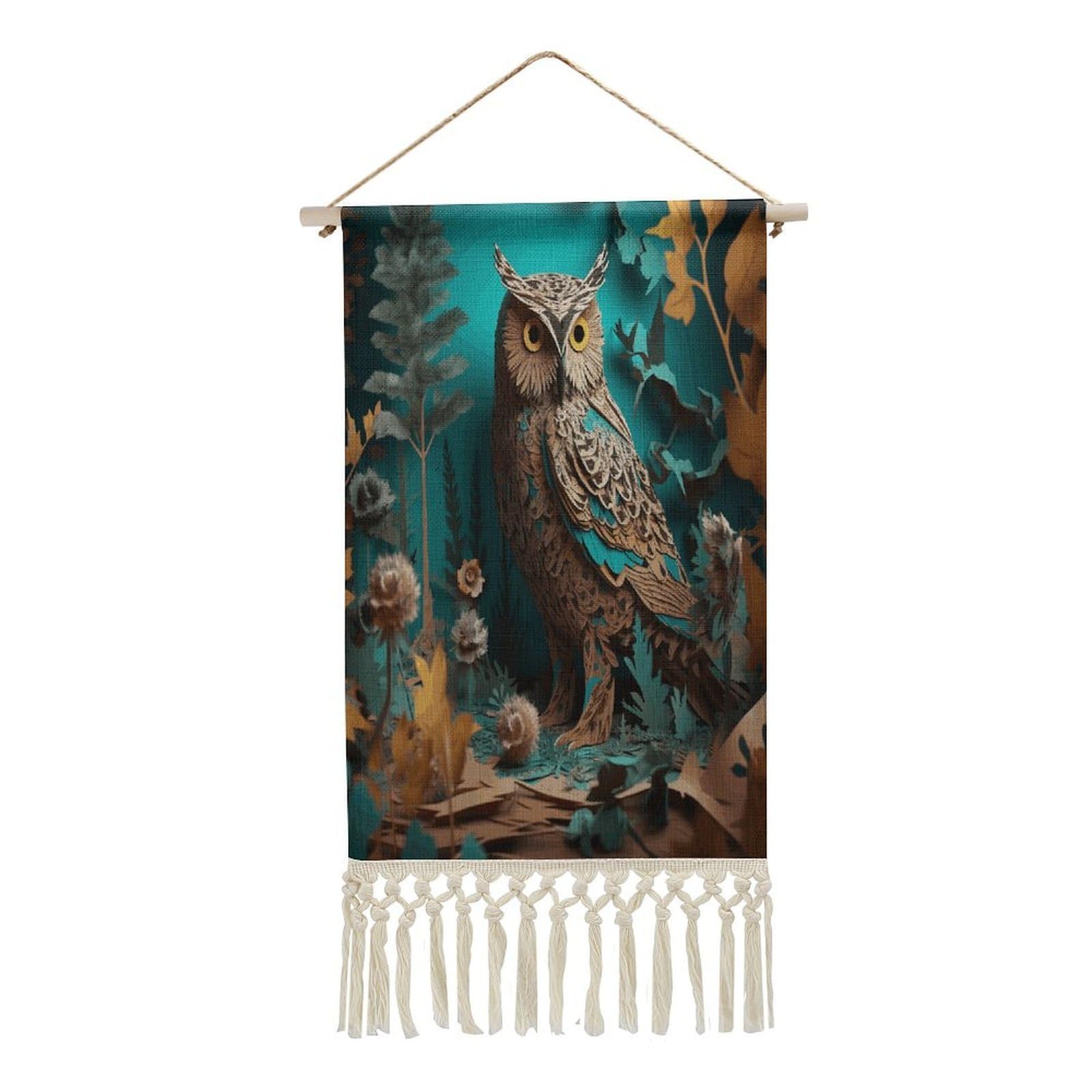 VstaDank Owl Wall Art Decor with Tassels 20"x10" Cotton Linen Hanging Tapestry Decor Wall Art Prints Wood Frame Boho Wall Art Poster for Bedroom Living Room Office