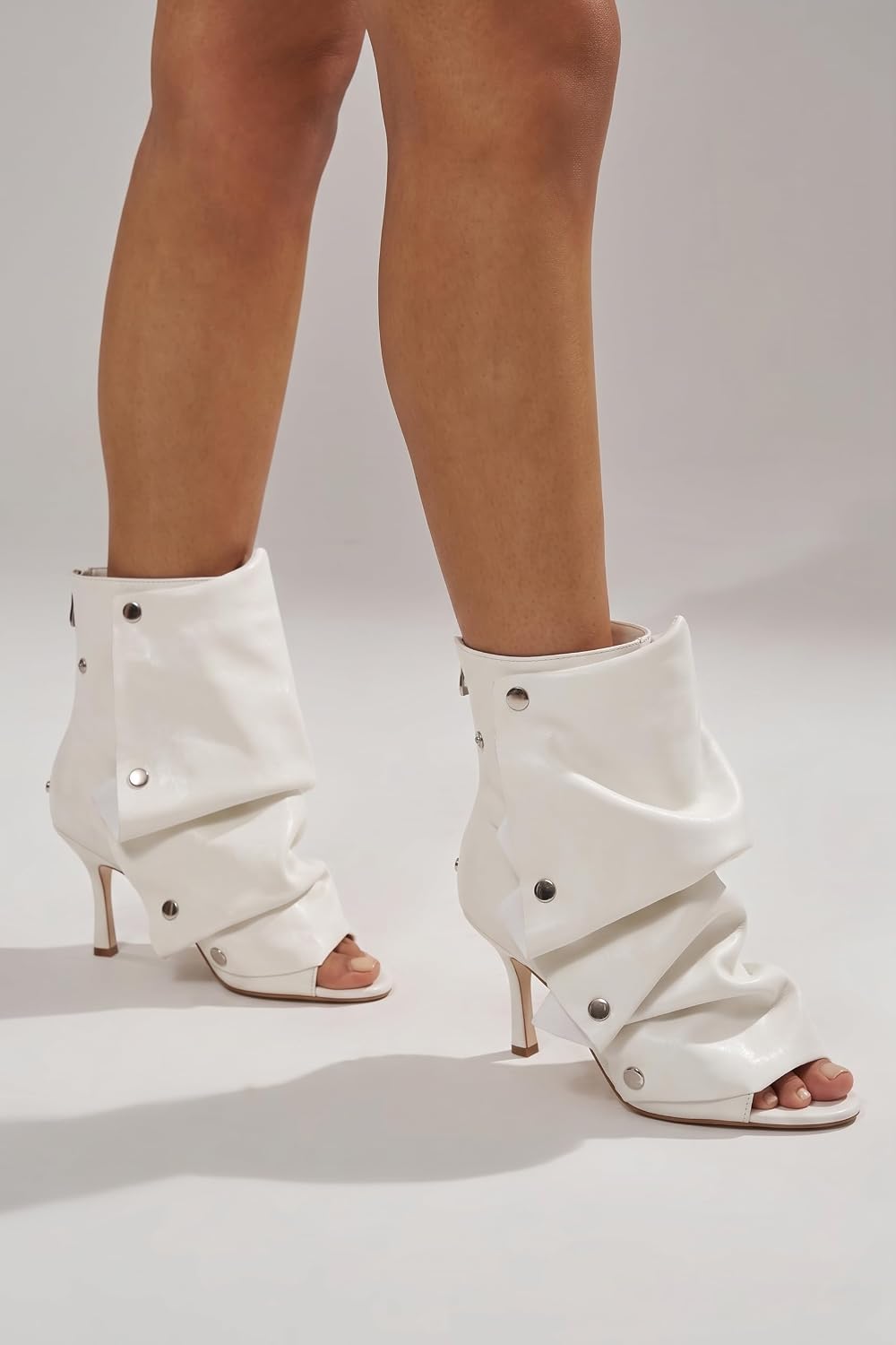 3.1IN Open Toe Booties for Women Fold Over Stiletto High Heels Matte Faux Leather Back Zipper Shark Ankle Boots with Detachable Snap-Off Panel for Party Wedding Rave