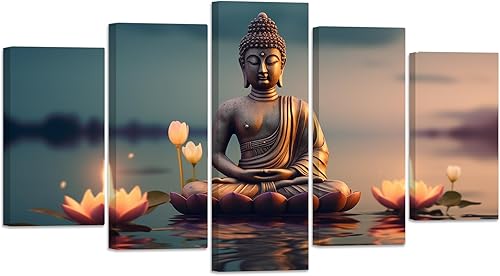 Miniatura 1 de ZXHYWYM Lienzo decorativo para pared, 5 piezas, estatua de Buda, pintura de loto, imágenes de loto, obras de arte de spa zen para oficina,