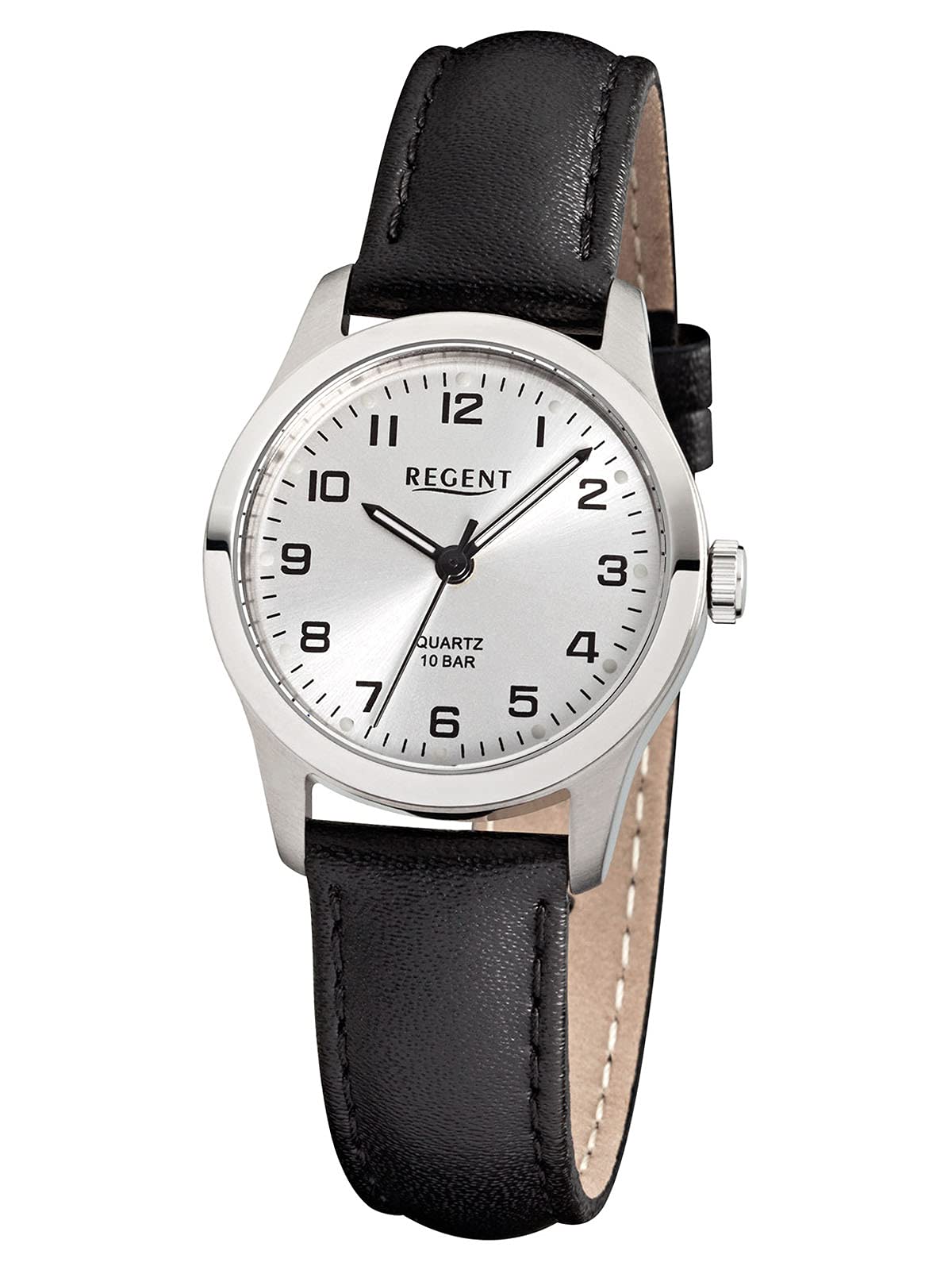 REGENT Damenuhr mit Lederband Titan Gehäuse und Dornschließe Klein Leicht Arabische Zahlen 10 BAR Quarz 27 MM Durchmesser