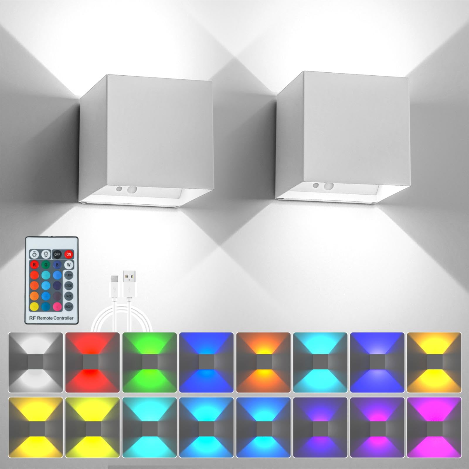 RGB Wandleuchte mit Fernbedienung, 6000mAh Farbwechsel LED Akku Wandleuchte, 16 Farben, Ohne Stromanschluss, Innen Dimmbar Wandlampe, Geeignet für Schlafzimmer Wohnzimmer (weiß 2 Stück)
