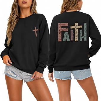 Jesus God Christian Sweatshirt for Women Faith Sweatshirts Religious Graphic Pullover Cross Bible Verse Vintage Tops,Black,S