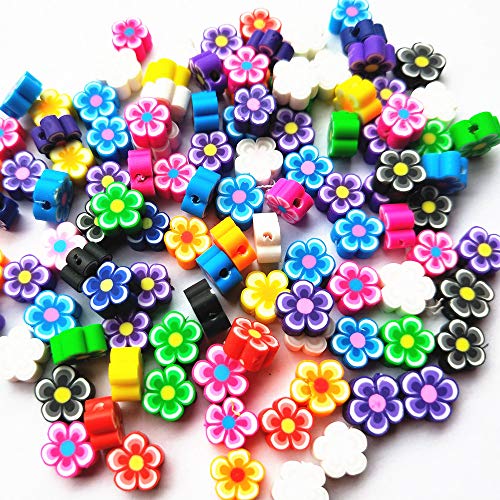 Mosheng Accessory 100pcs Mix Assorted Fimo Polymer Clay Beads Findings with Hole Charm Necklace Bracelet Chain Jewelry Making Colorful Beads DIY Craft Supply (Flower)