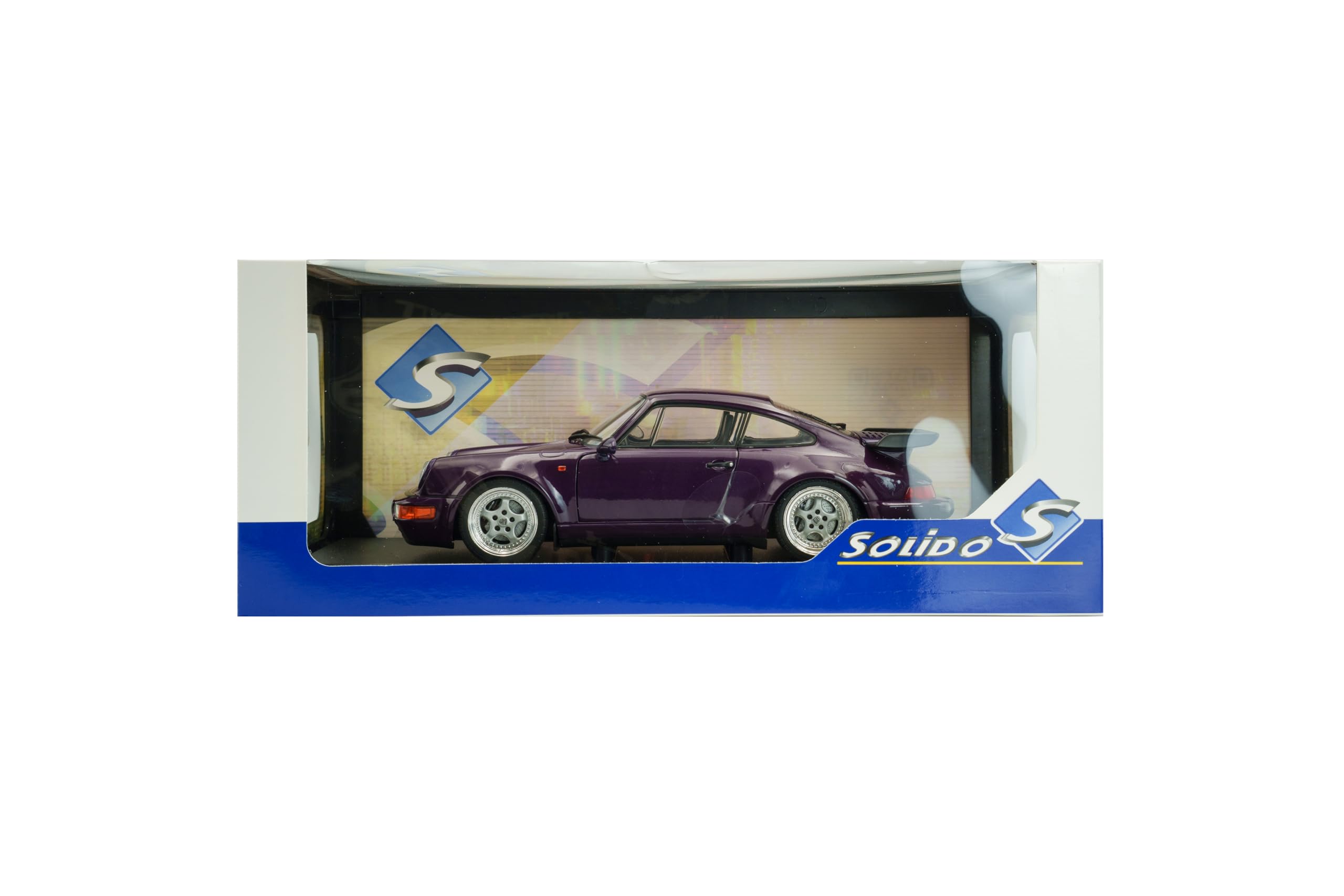 Solido Porsche 911 (964) Turbo (1990) - Carrozzina sportiva classica con ampia carrozzeria turbo, vernice metallica, Diecast modellino auto, blu viola, 1:18