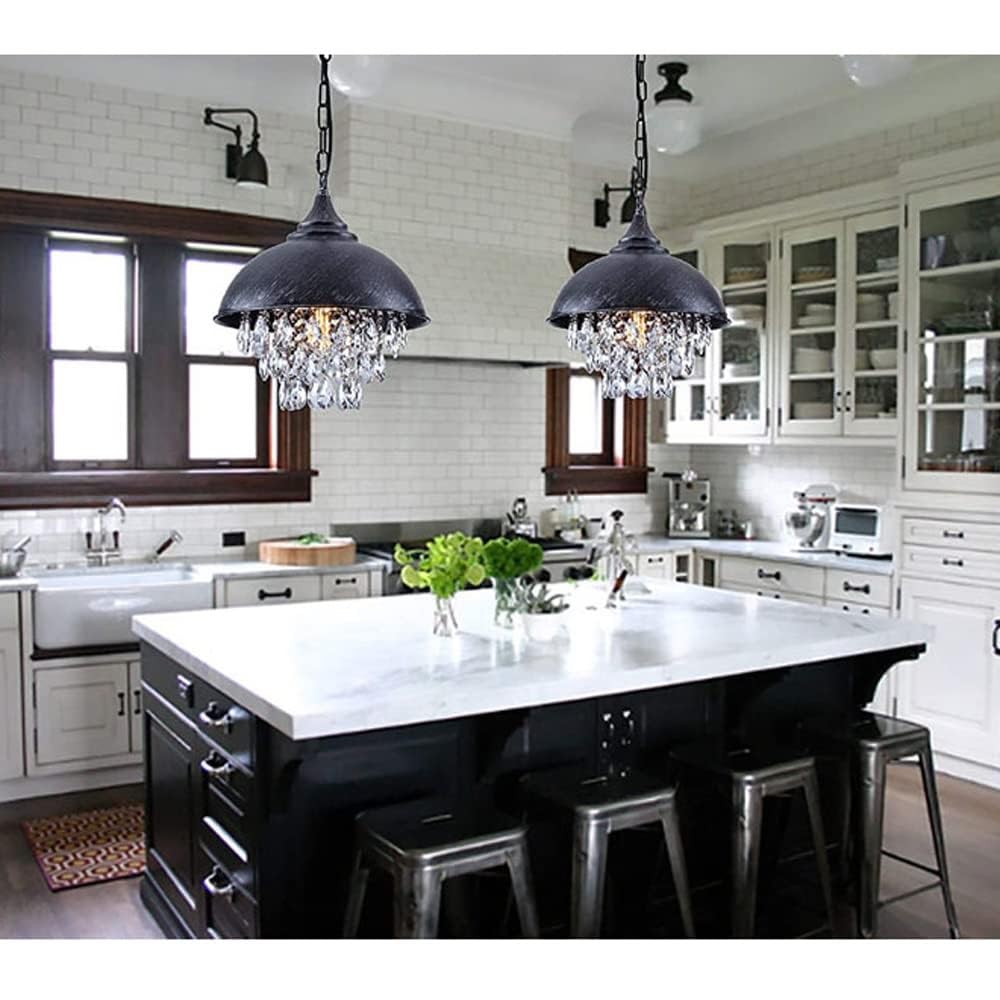 Lámparas de Cristal de Industrial, lámpara de araña con Pantalla de Metal Negra y Acabado en Bronce Negro, Luces Colgantes para Cocina, Cadena Ajustable de Luces de Cristal para decoración de