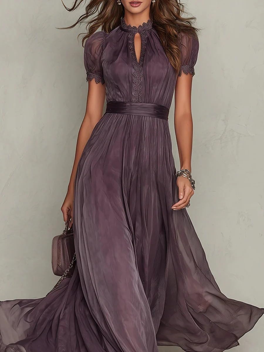 Générique Maxi-Robe pour Femme Violet foncé bordée de Dentelle – Robe Longue Fluide et décontractée à Manches Courtes, Style bohème, idéale pour la Plage ou Les soirées Estivales élégantes