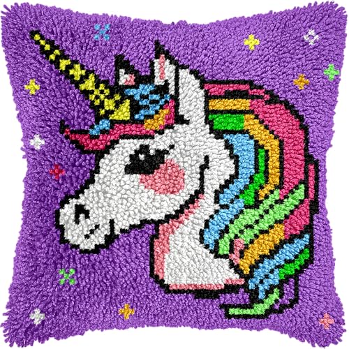 Image of Unicorn Princess Latch Hook Kits for Adults Kids, Beginners DIY Throw Pillow Kit Pre-printed Pillowcase Hook and Latch Rug Kits Cross-stitch Cushion Cover for Home Sofa Decor Gift Idea 17x17 inch