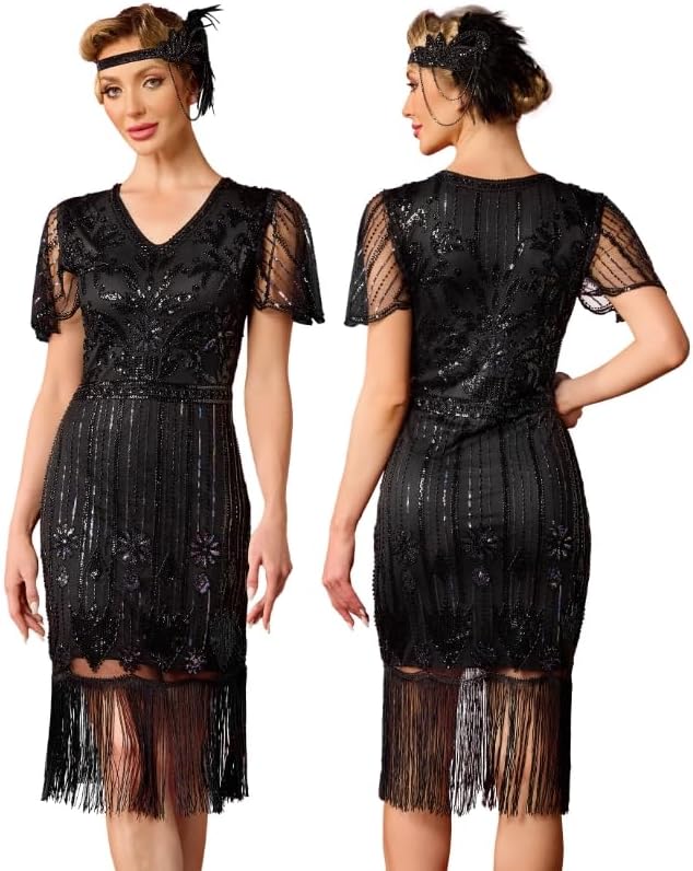 MTITE Women's Flapper Dresses 1920s Great Gatsby Dresses Sequin Fringed Roaring 20s Cocktail Dress
