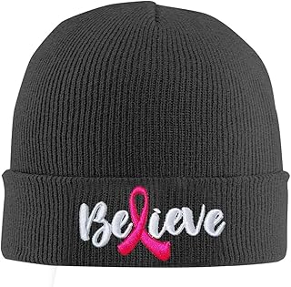 Kamaple Pink Ribbon Believe Acrylic Skull Knit Cuff Hat for Women, Breast Cancer Awareness Winter Soft Warm Slouchy Beanie