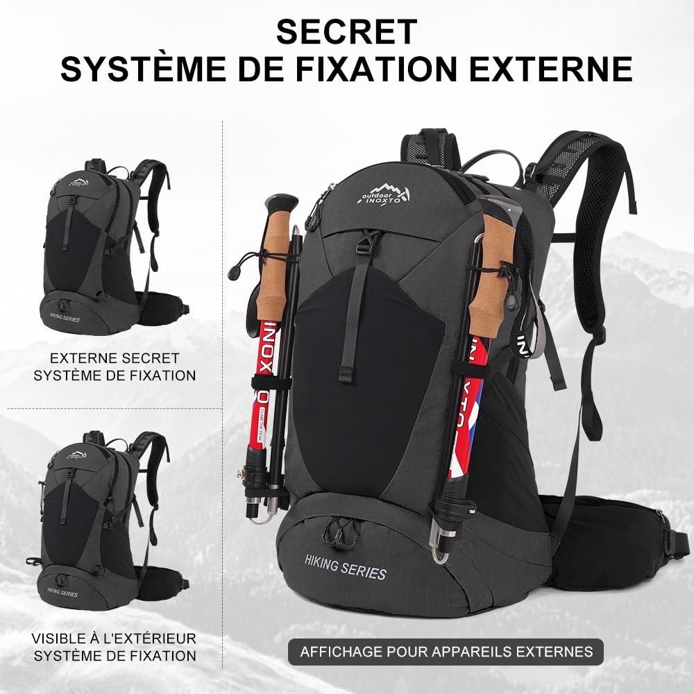 INOXTO Sac à dos de randonnée 25 L avec sac à eau 3 L, sac à dos de randonnée léger avec housse de pluie pour alpinisme, randonnée, camping, sports de plein air pour homme et femme (Noir gris)
