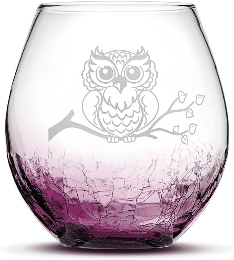 Integrity Bottles Resting Owl Design Stemless Wine Glass, Handmade, Handblown, Hand Etched Gifts, Sand Carved, 18oz (Crackle Purple)