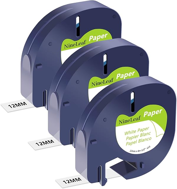 NineLeaf 3 x Compatible for Dymo LetraTag Refill 91200 91330 S0721510 Tape Black on White 12mm x 4m Paper Label Tape for LT-100H LT-100T LT-110T Plus QX50 XR XM 2000 Label Maker