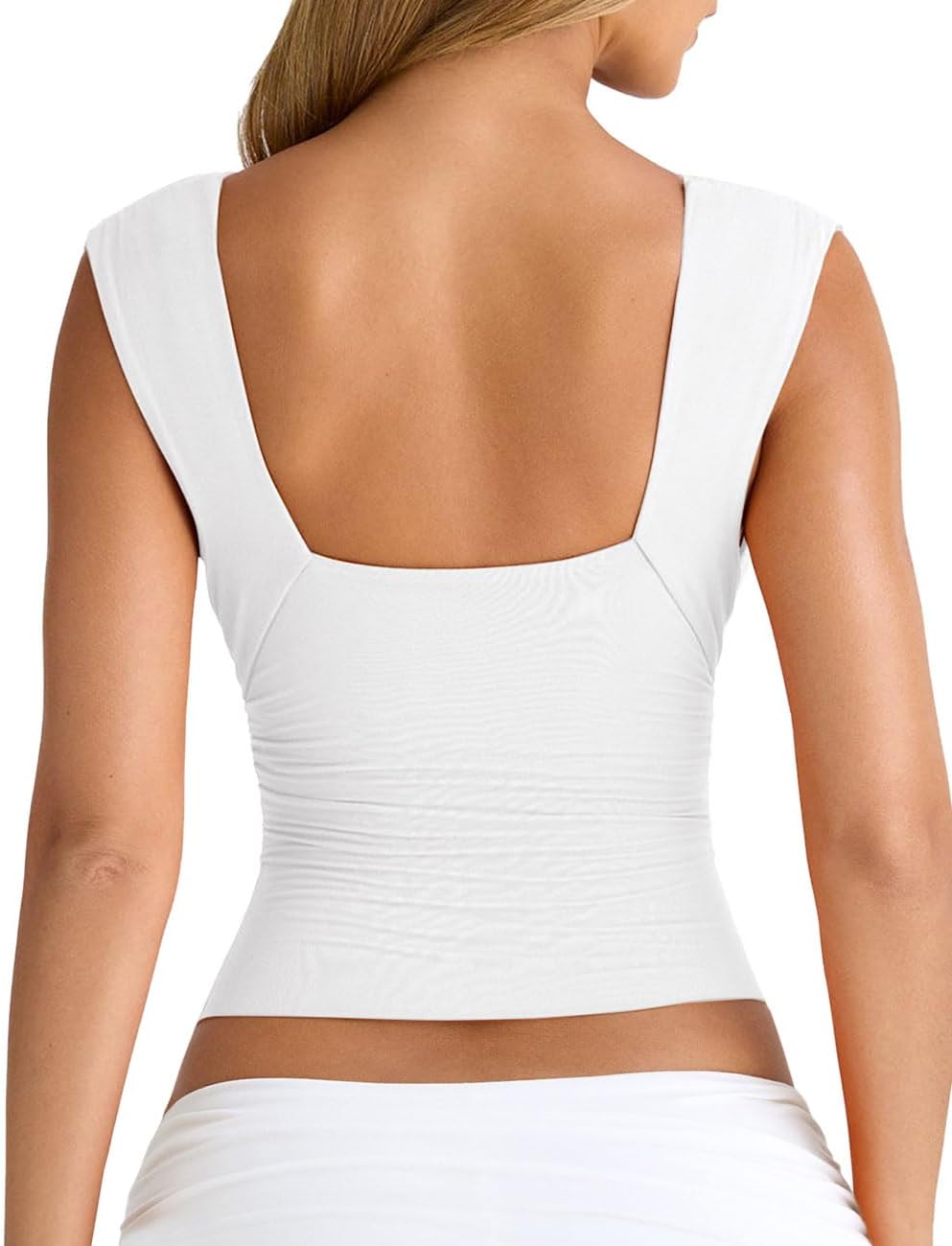 YFANG Women's Sexy Deep V-Neck Ruched Sleeveless Crop Tank Top Stretchy Double Layer Slim Fitted Going Out Crop Top - Image 2