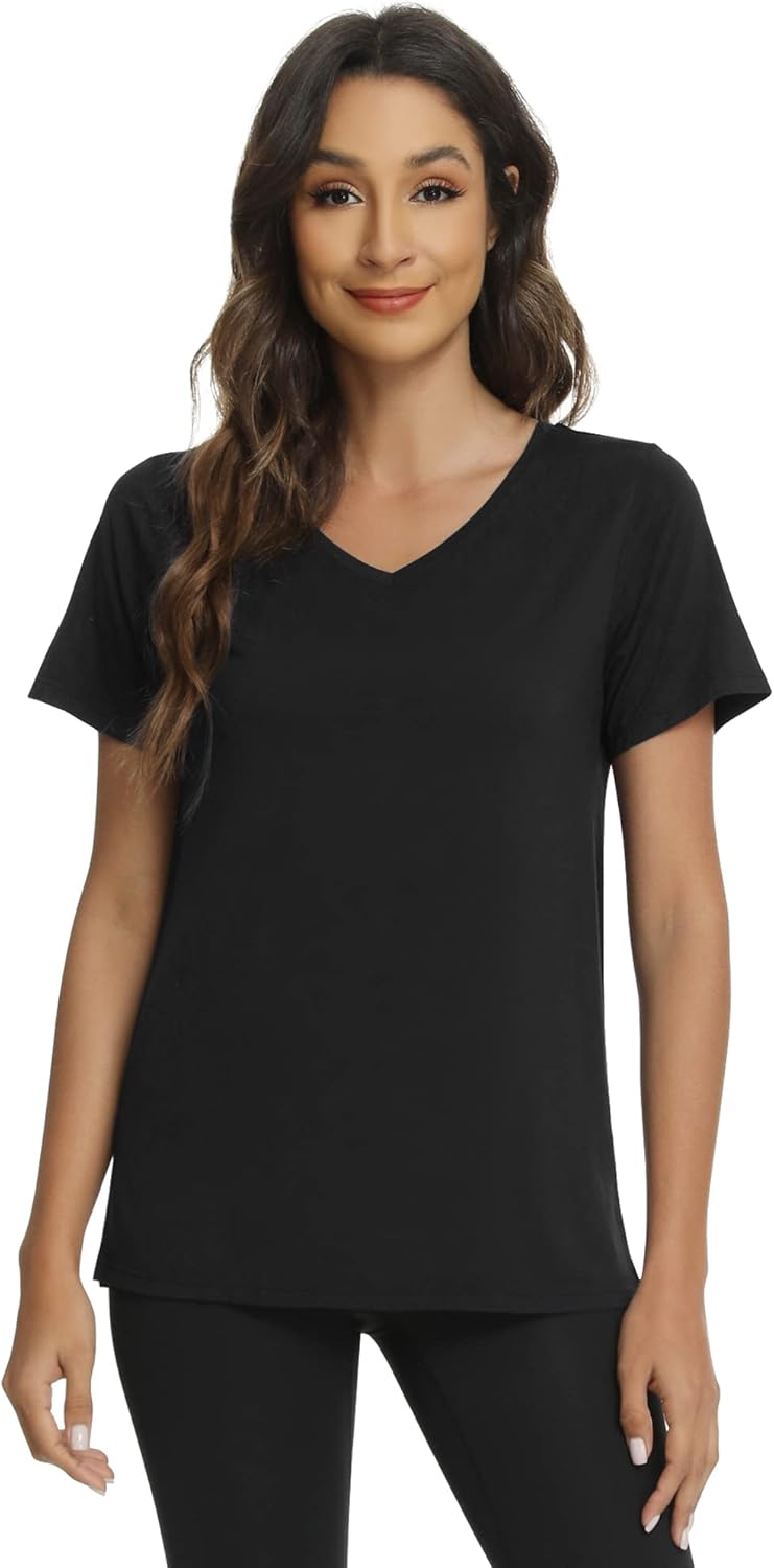 WiWi Viscose from Bamboo Pajama Tops for Women Super Soft Short Sleeve Tee V Neck Sleep Cooling T-Shirt Pjs Sleepwear S-XXL